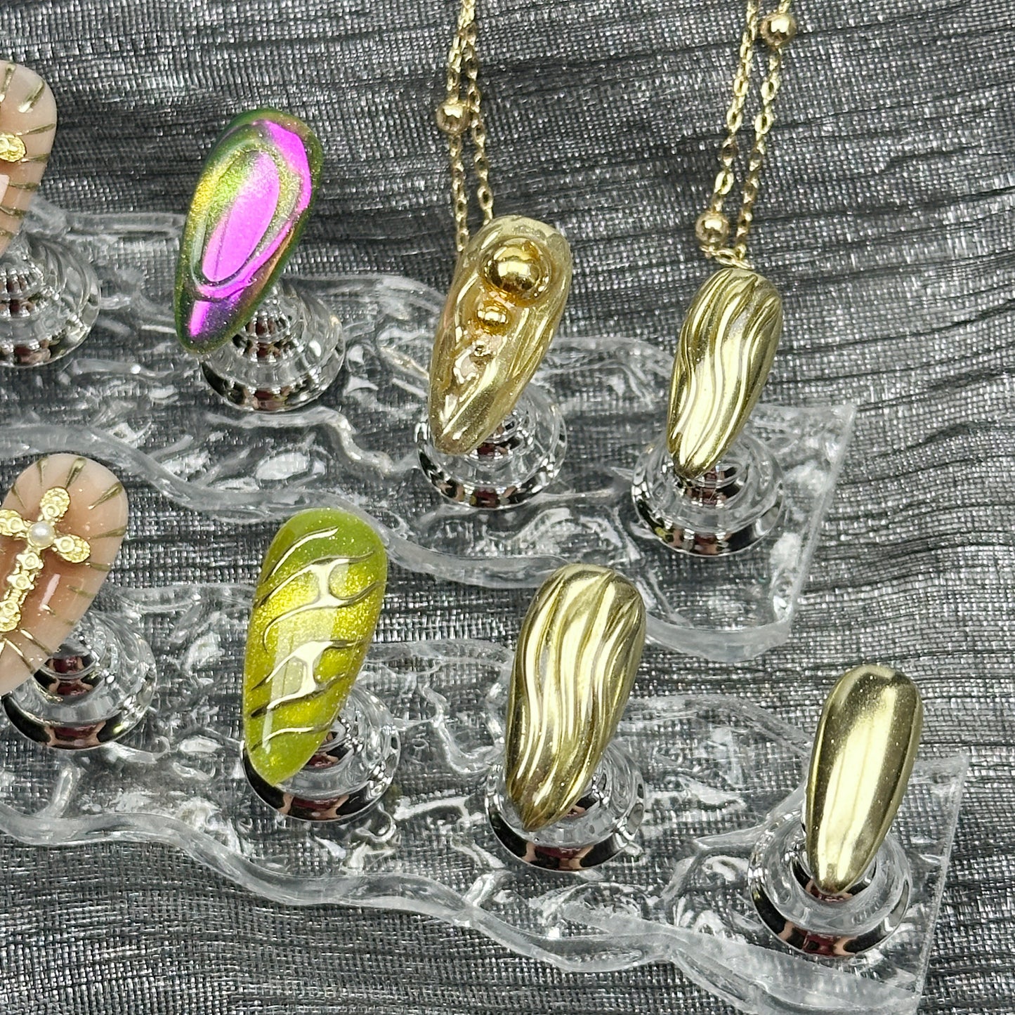 Venom Bloom | Handmade Press-On Nails | Style No. A033 | Chrome Gold & Chameleon Finish, 3D Floral & Cross Accents, Reusable Nail Set