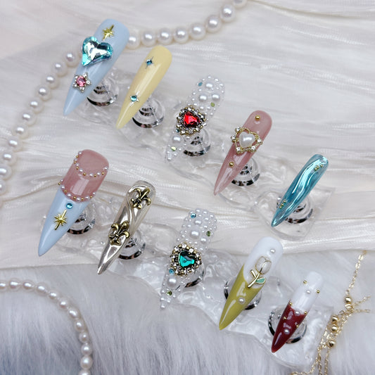 Royal Relic | Handmade Press-On Nails | Style No. A014 | Vintage Gemstones, Mixed Colors, Baroque Charm, Reusable Nail Set