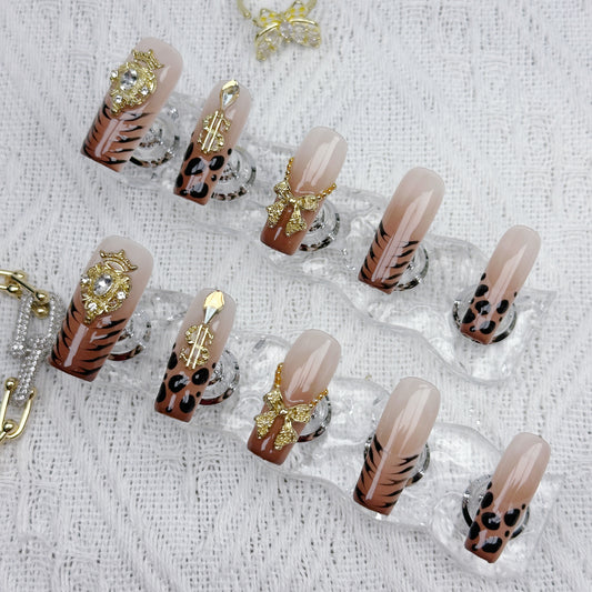 Savage Luxe | Handmade Press-On Nails | Style No. A031 | Leopard Print, Gold Charms, Glam Reusable Nail Set