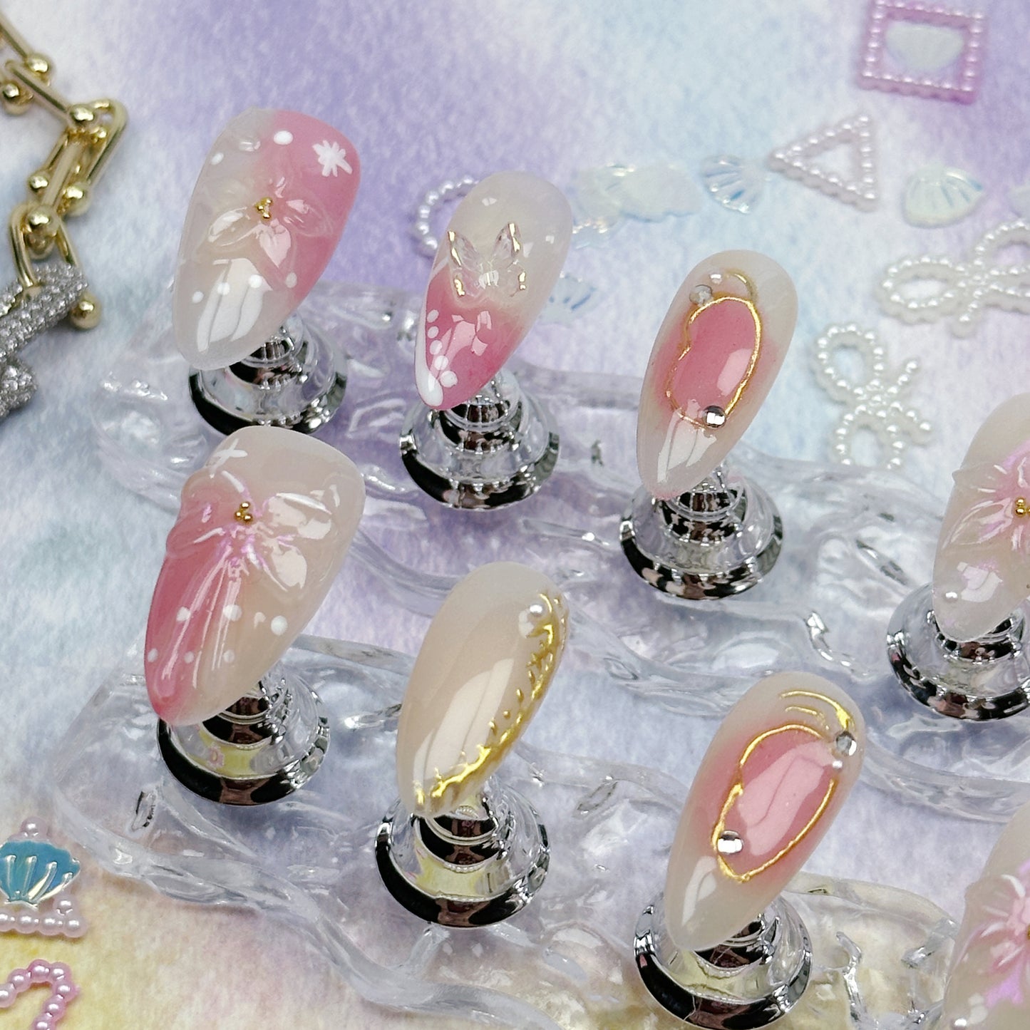 Sakura Whisper | Handmade Press-On Nails | Style No. P059 | Nude & Pink Blossom Design, Gold Foil Accents, Reusable Floral Nail Set