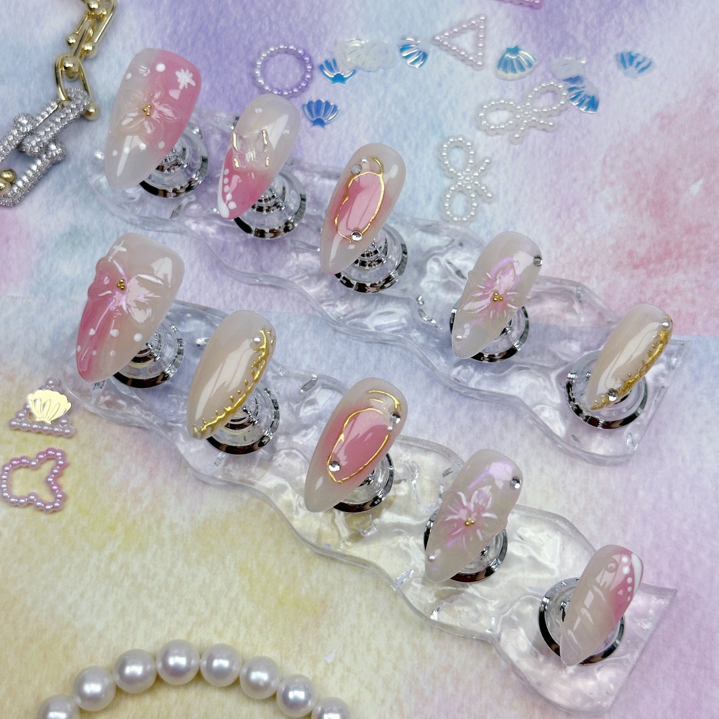 Sakura Whisper | Handmade Press-On Nails | Style No. P059 | Nude & Pink Blossom Design, Gold Foil Accents, Reusable Floral Nail Set