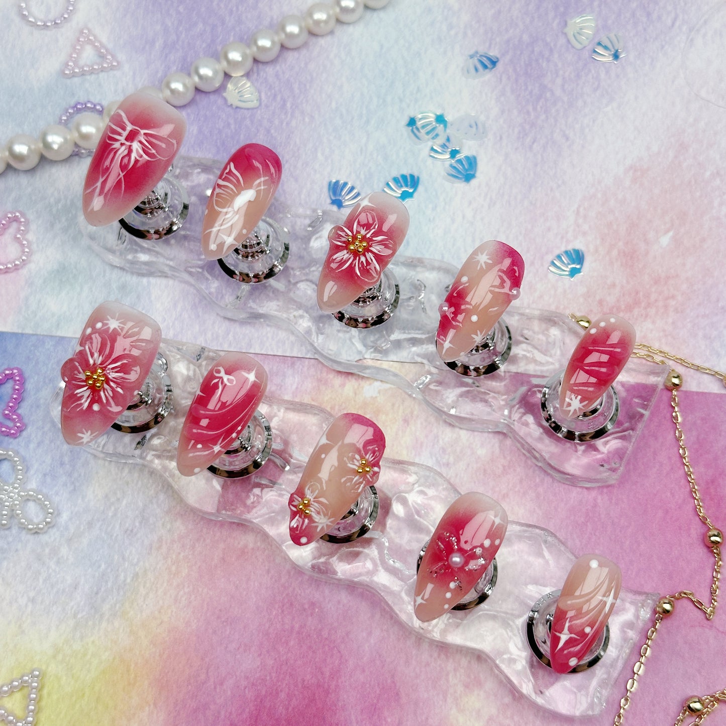 Ruby Bloom | Handmade Press-On Nails | Style No. H109| Red Gradient Base, Hand-Painted Floral & Bow Accents, Reusable Romantic Nail Set