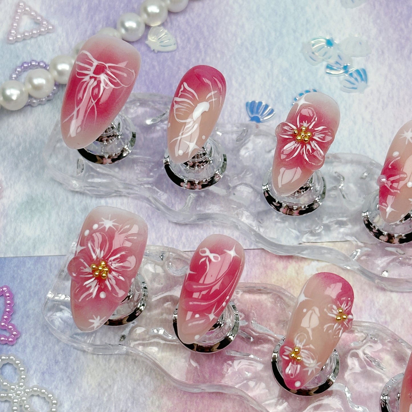 Ruby Bloom | Handmade Press-On Nails | Style No. H109| Red Gradient Base, Hand-Painted Floral & Bow Accents, Reusable Romantic Nail Set