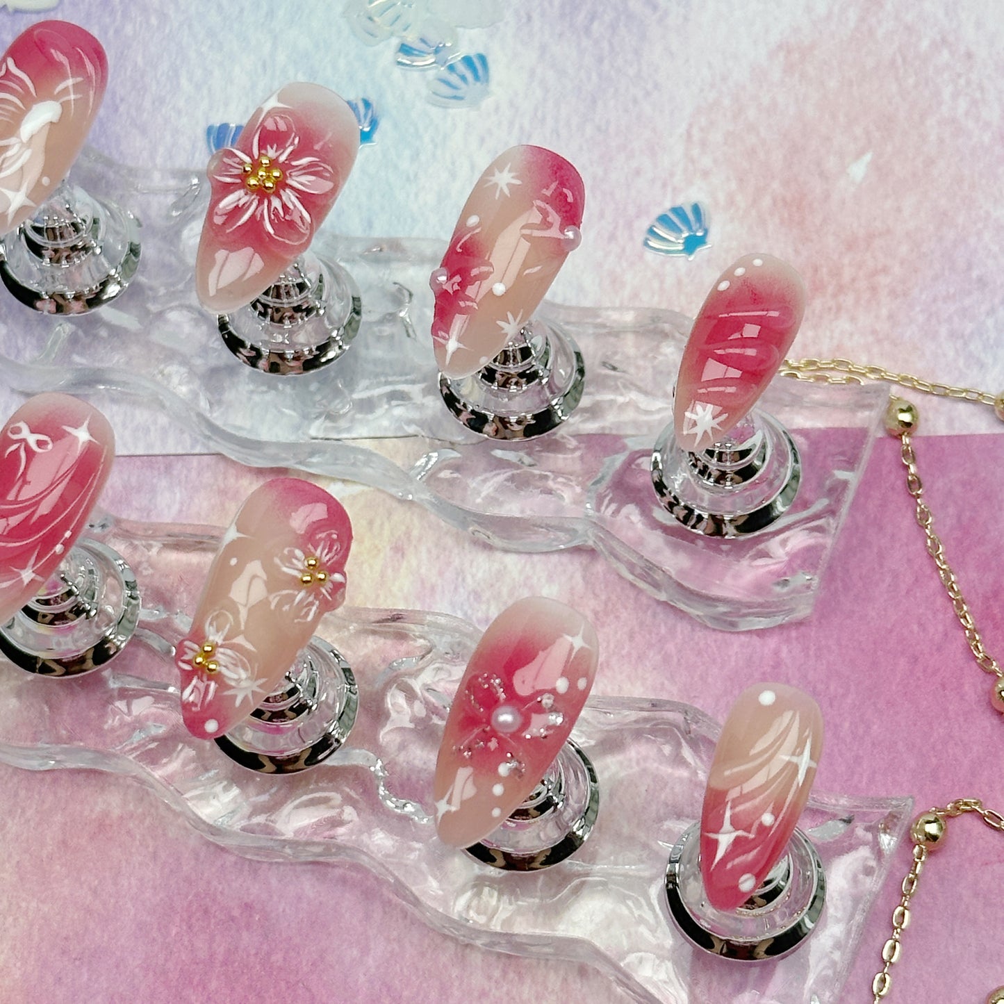 Ruby Bloom | Handmade Press-On Nails | Style No. H109| Red Gradient Base, Hand-Painted Floral & Bow Accents, Reusable Romantic Nail Set