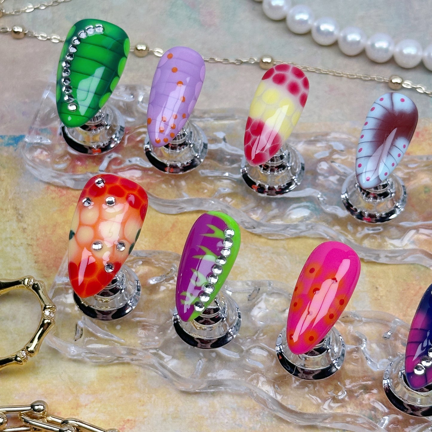 Monster Pop | Handmade Press-On Nails | Style No. G006| Bold Color Mix, Claw-Inspired Design, Reusable Artistic Nail Set