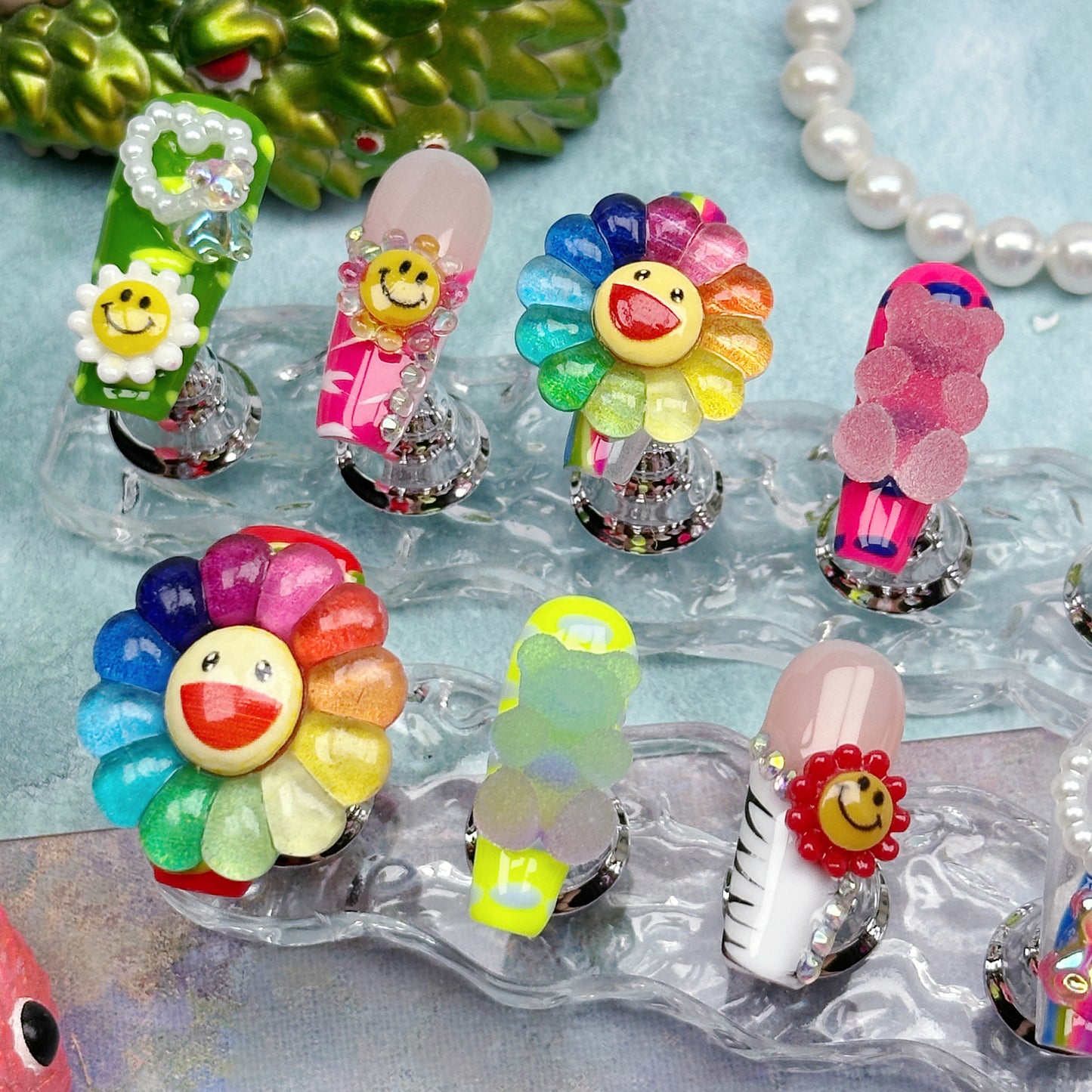 Rainbow Smiley | Handmade Press-On Nails | Style No. G131| 3D Colorful Flowers, Happy Face Charms, Y2K Kawaii Statement Nail Set