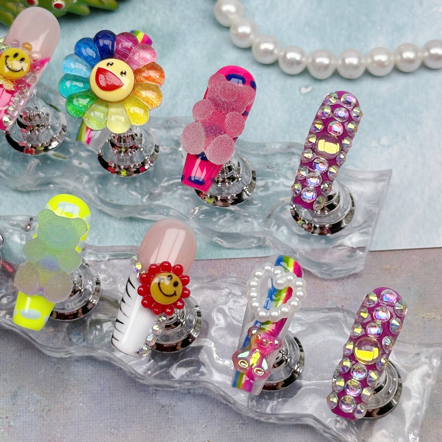 Rainbow Smiley | Handmade Press-On Nails | Style No. G131| 3D Colorful Flowers, Happy Face Charms, Y2K Kawaii Statement Nail Set