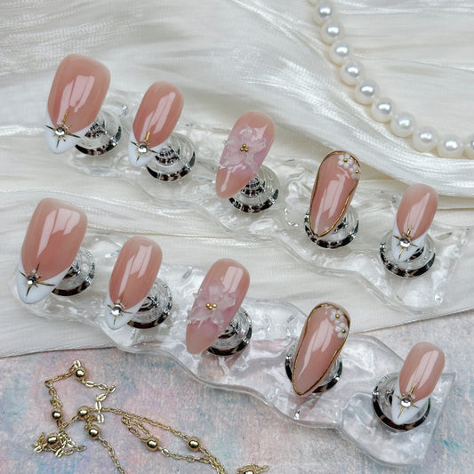 Apricot Grace | Handmade Press-On Nails | Style No. P010| Nude Apricot Base, Silver French Tips & Floral Accents, Reusable Elegant Nail Set