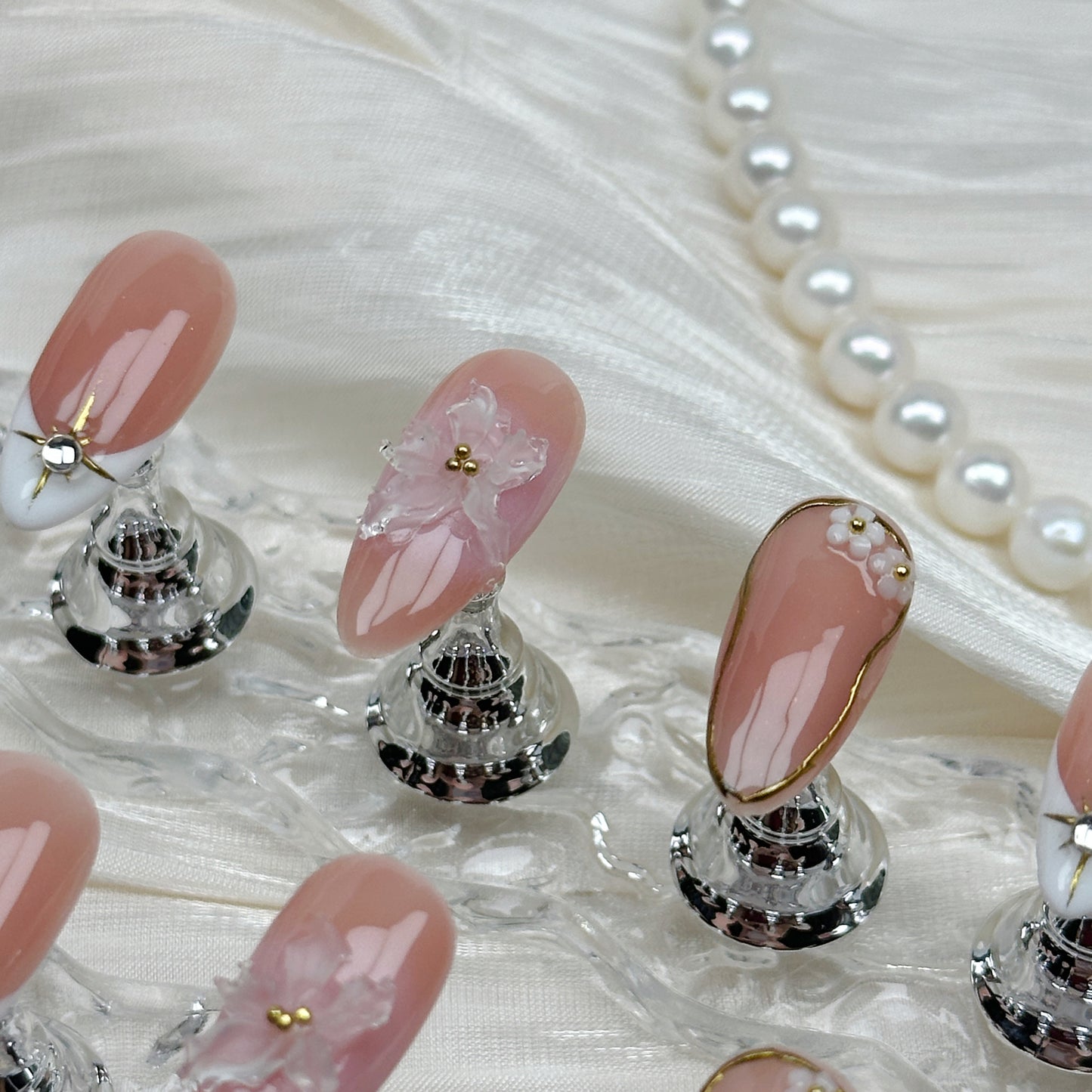 Apricot Grace | Handmade Press-On Nails | Style No. P010| Nude Apricot Base, Silver French Tips & Floral Accents, Reusable Elegant Nail Set