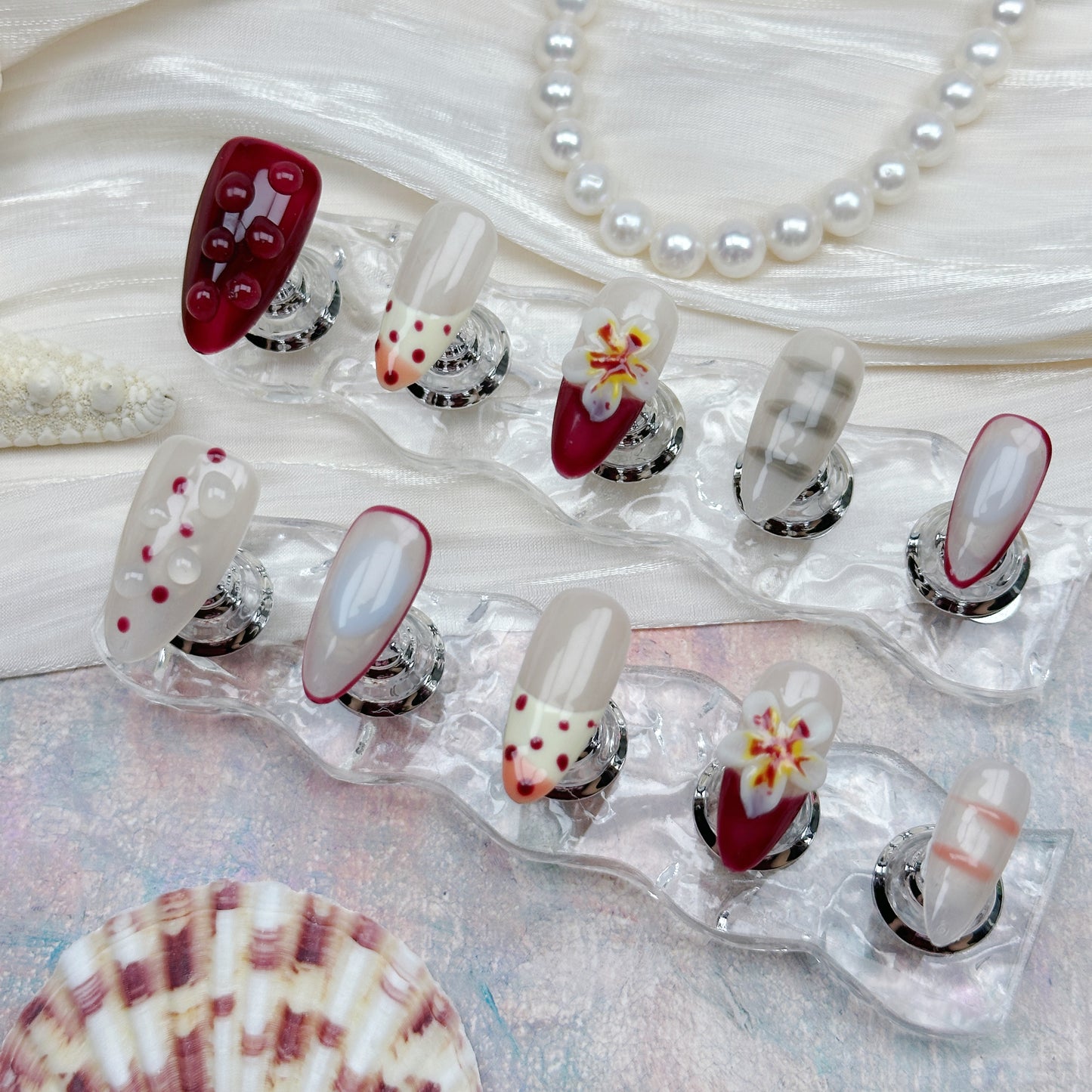 Cherry Bloom | Handmade Press-On Nails | Style No. A008| Elegant Red Floral Design, Reusable, Long-Lasting Nail Set