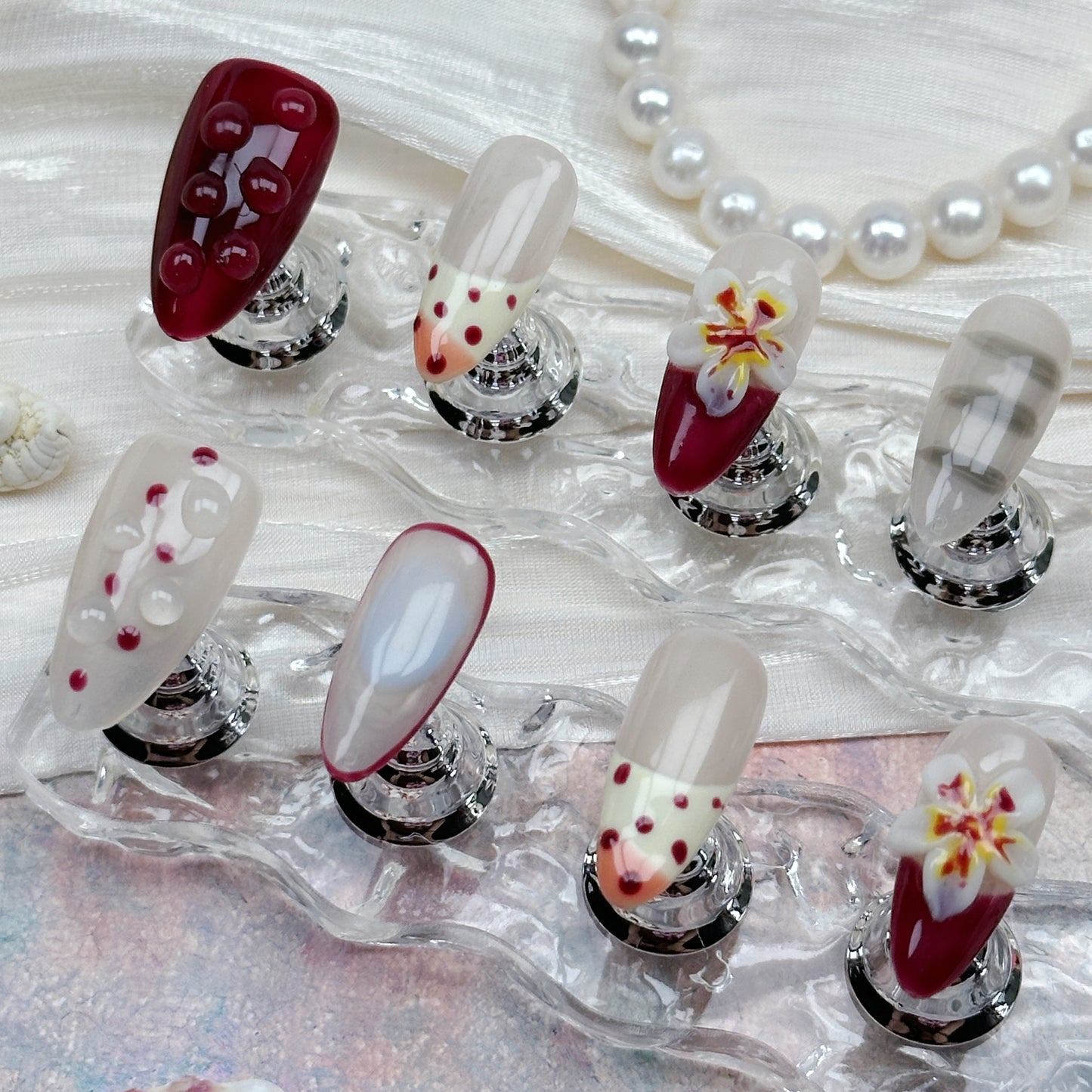 Cherry Bloom | Handmade Press-On Nails | Style No. A008| Elegant Red Floral Design, Reusable, Long-Lasting Nail Set