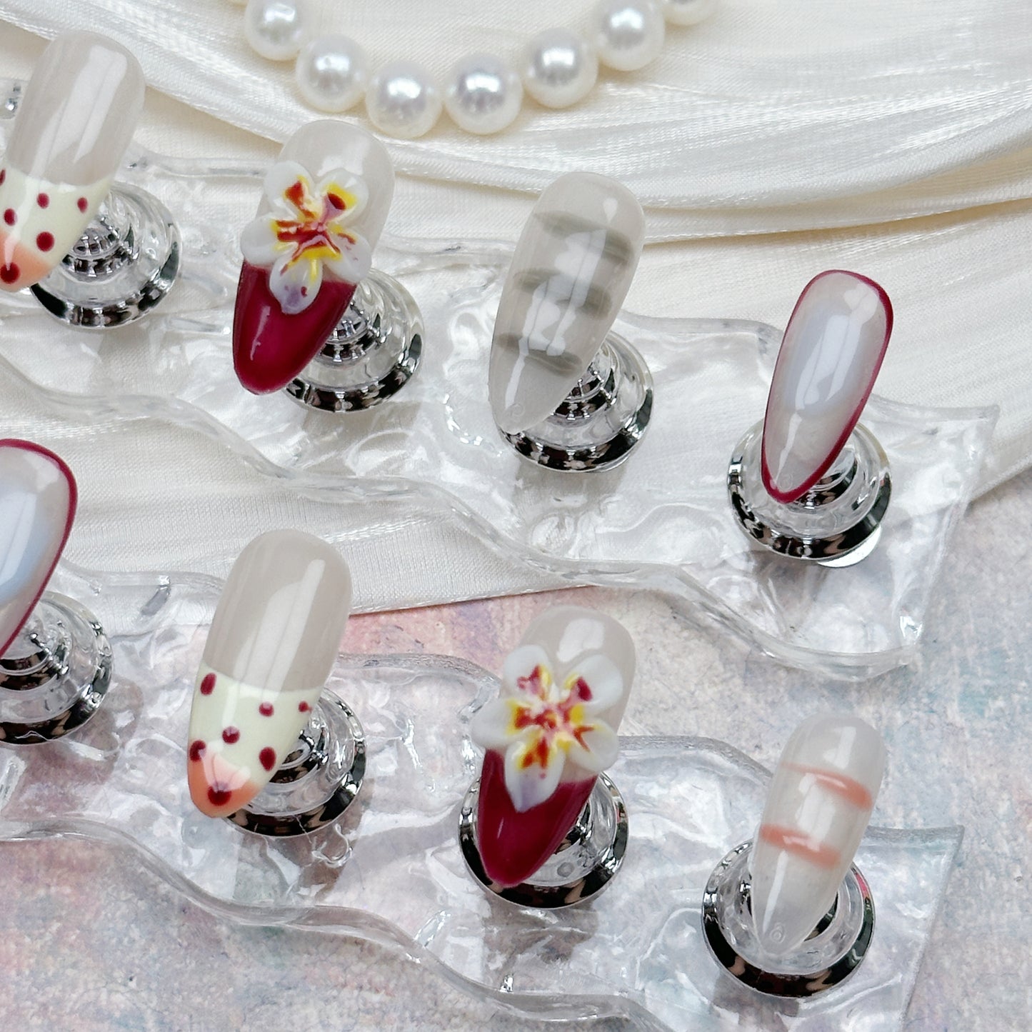 Cherry Bloom | Handmade Press-On Nails | Style No. A008| Elegant Red Floral Design, Reusable, Long-Lasting Nail Set