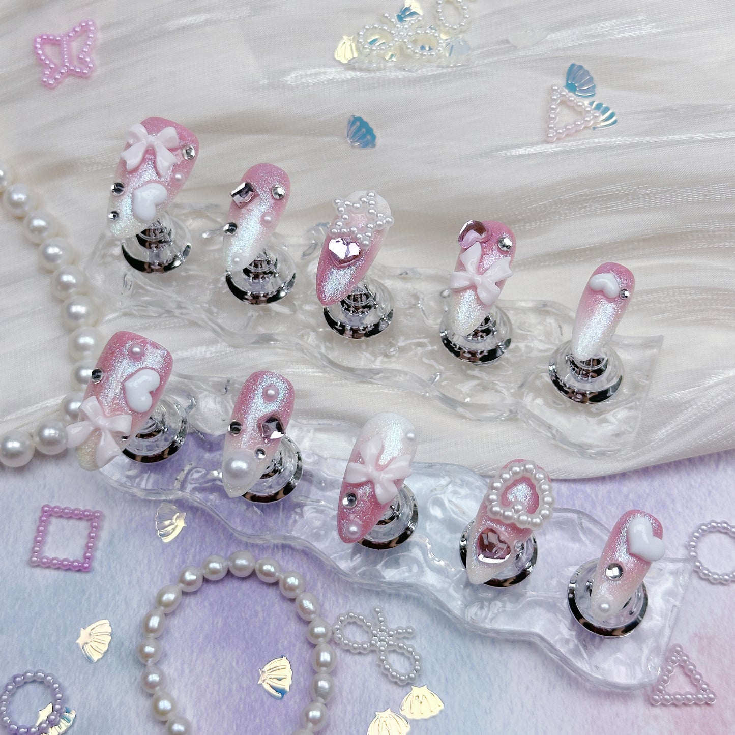 Sweetheart Glaze | Handmade Press-On Nails | Style No. A032 | Pink Glitter Gradient, 3D Hearts & Bows, Reusable Kawaii Nail Set