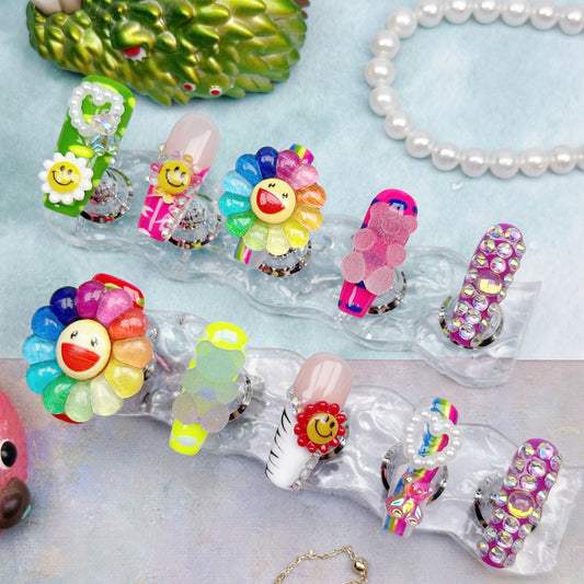 Rainbow Smiley | Handmade Press-On Nails | Style No. G131| 3D Colorful Flowers, Happy Face Charms, Y2K Kawaii Statement Nail Set