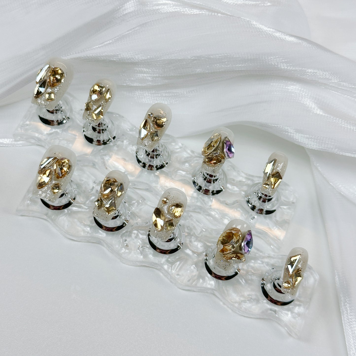 Champagne Crystal QL005 Press On Nails ✨ | Handmade Luxury Rhinestone Press-On Nails, Reusable & Elegant