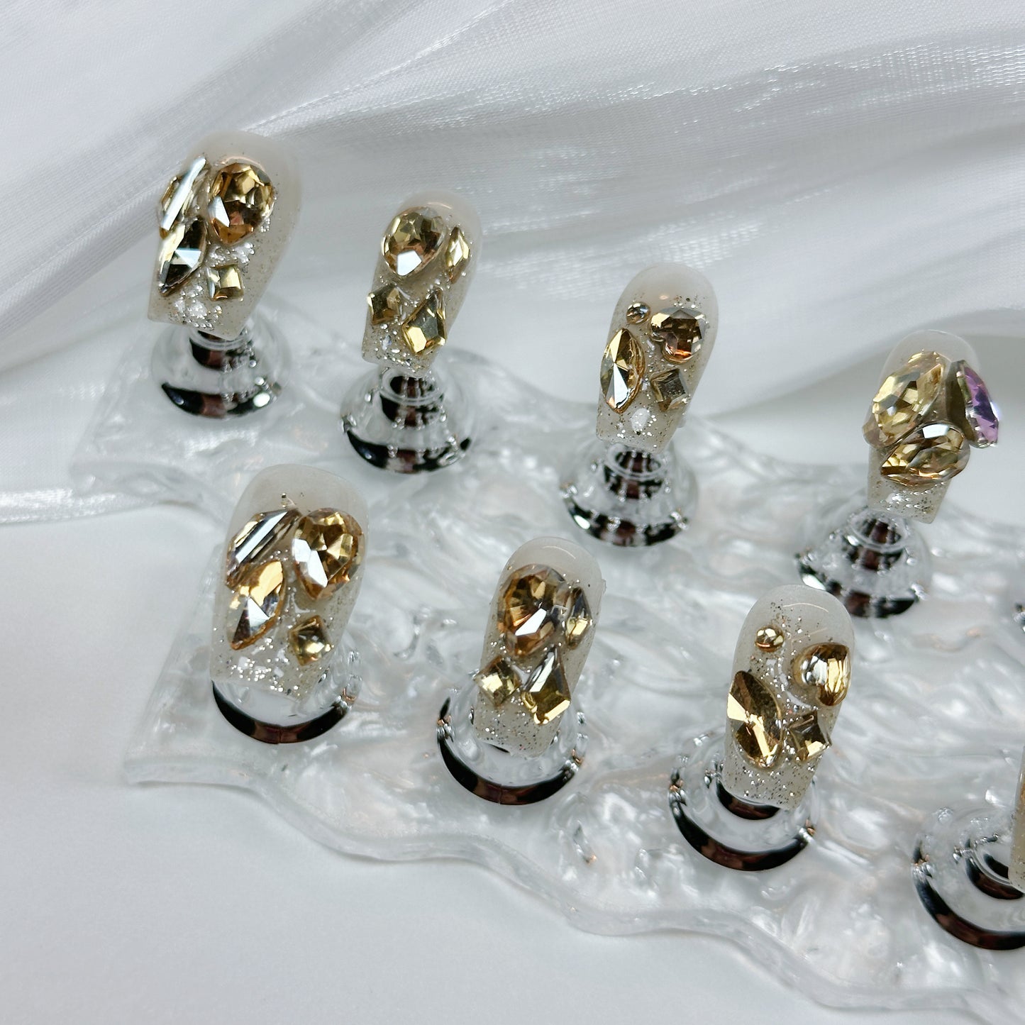 Champagne Crystal QL005 Press On Nails ✨ | Handmade Luxury Rhinestone Press-On Nails, Reusable & Elegant