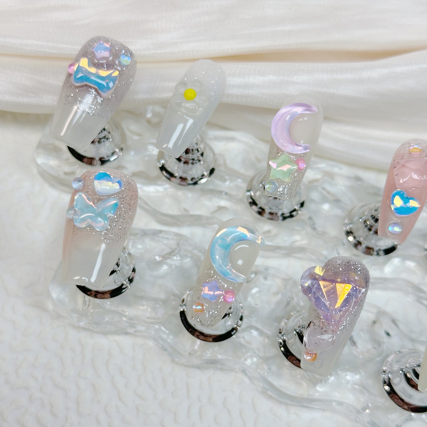 Crystal Candy QL002 Moonlight Dream Press On Nails 🌙✨ | 10 Pcs Reusable Handmade Press-On Nails, Glitter & Crystal Design for Daily Wear, Special Occasions, Parties