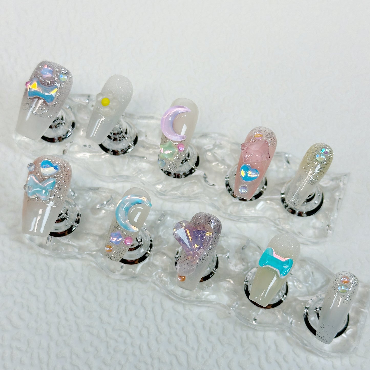 Crystal Candy QL002 Moonlight Dream Press On Nails 🌙✨ | 10 Pcs Reusable Handmade Press-On Nails, Glitter & Crystal Design for Daily Wear, Special Occasions, Parties