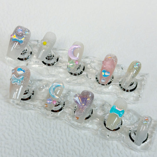 Crystal Candy QL002 Moonlight Dream Press On Nails 🌙✨ | 10 Pcs Reusable Handmade Press-On Nails, Glitter & Crystal Design for Daily Wear, Special Occasions, Parties