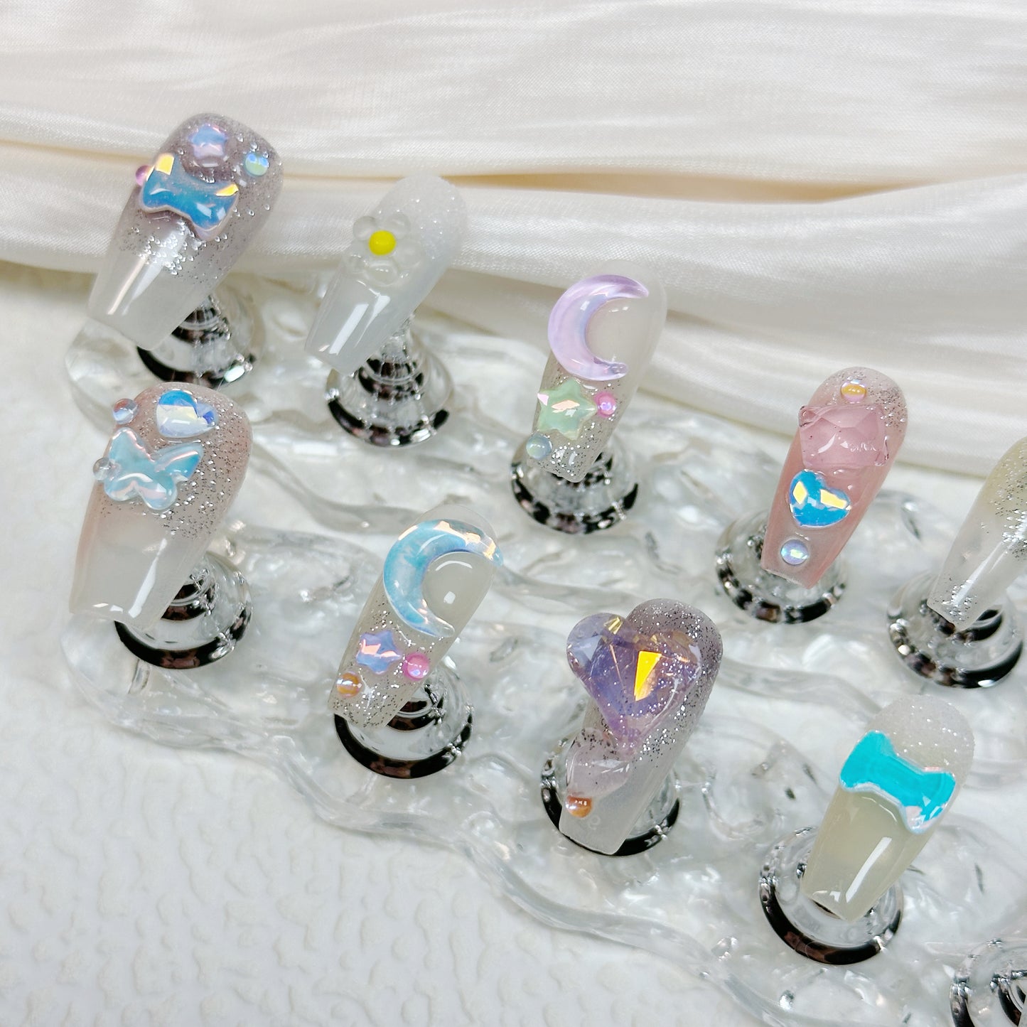 Crystal Candy QL002 Moonlight Dream Press On Nails 🌙✨ | 10 Pcs Reusable Handmade Press-On Nails, Glitter & Crystal Design for Daily Wear, Special Occasions, Parties