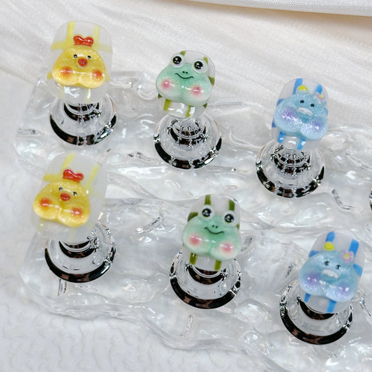 Nailique Kawaii Pop Zoo 3D Animal Press On Nails Cute Cartoon Frog Bear Pig Duck Panda Handmade Animecore Nails Solid Nail Care Solution with Tools for Shaping Filing and Polishing