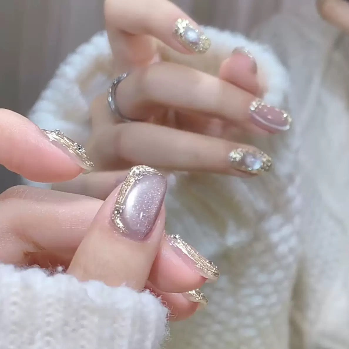 Champagne Gold QL006 3D Press On Nails ✨ | Handmade Luxury Metallic Pink Reusable Nails