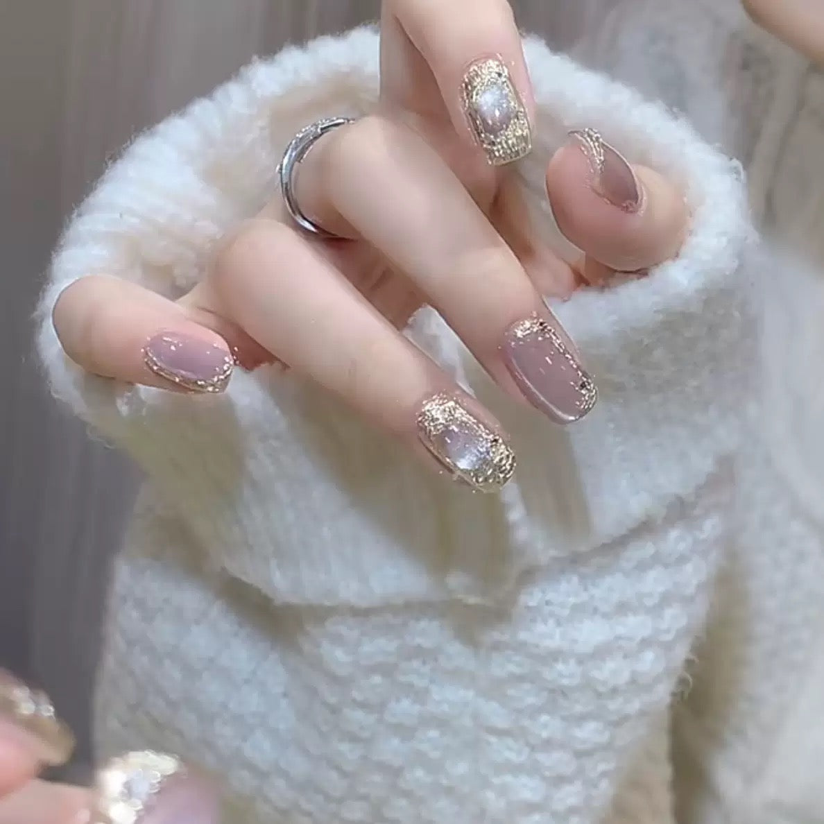 Champagne Gold QL006 3D Press On Nails ✨ | Handmade Luxury Metallic Pink Reusable Nails