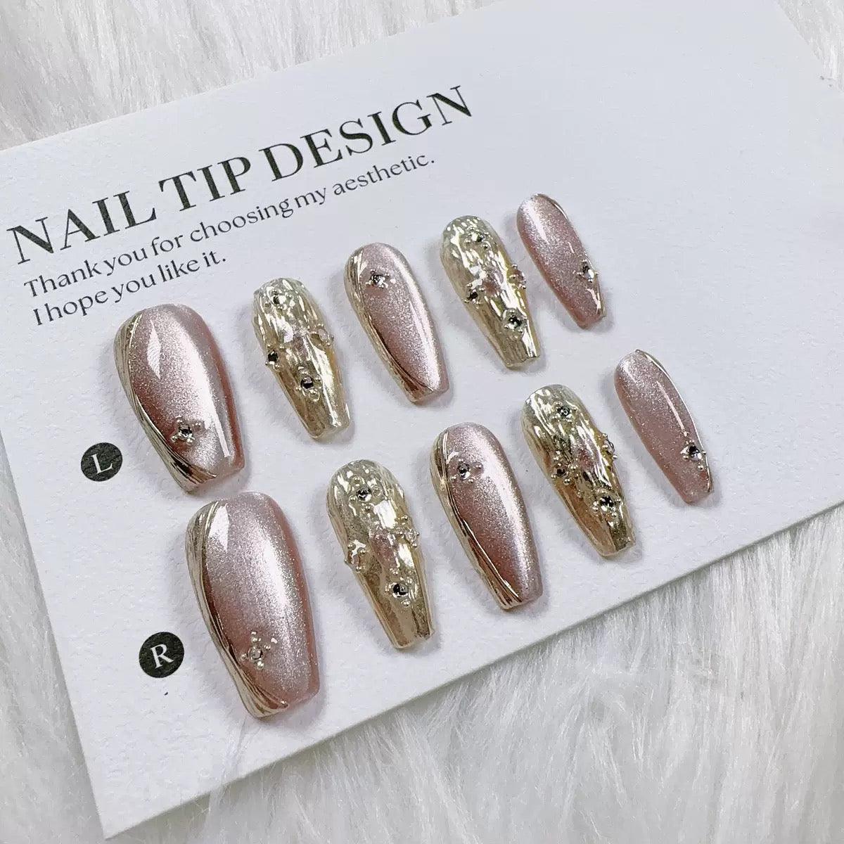 Champagne Gold QL006 3D Press On Nails ✨ | Handmade Luxury Metallic Pink Reusable Nails