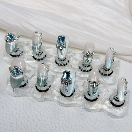 Nailique Frozen Heart Luxe Handmade 3D Blue Crystal Nails with Cat Eye Glitter Shine Elegant Holiday Gift for Special Occasions