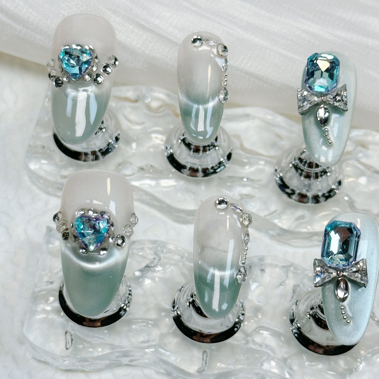 Nailique Frozen Heart Luxe Handmade 3D Blue Crystal Nails with Cat Eye Glitter Shine Elegant Holiday Gift for Special Occasions