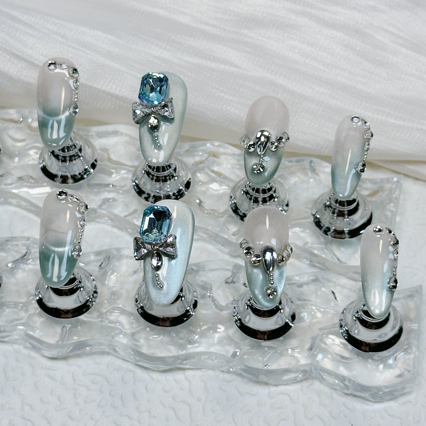 Nailique Frozen Heart Luxe Handmade 3D Blue Crystal Nails with Cat Eye Glitter Shine Elegant Holiday Gift for Special Occasions