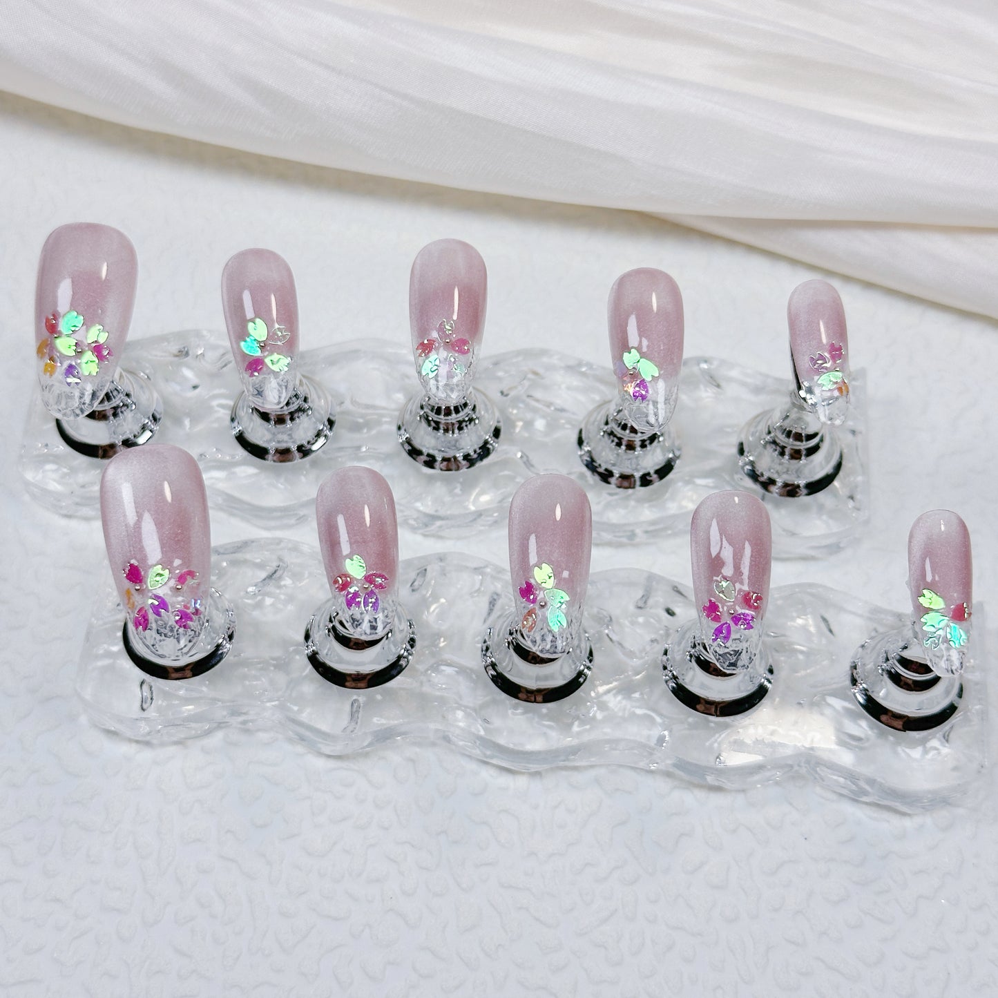 Soft Pink QL014 Press-On Nails 💅 Handmade Floral Sequin Design | Reusable Elegant Nail Set