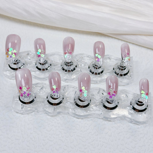 Soft Pink QL014 Press-On Nails 💅 Handmade Floral Sequin Design | Reusable Elegant Nail Set