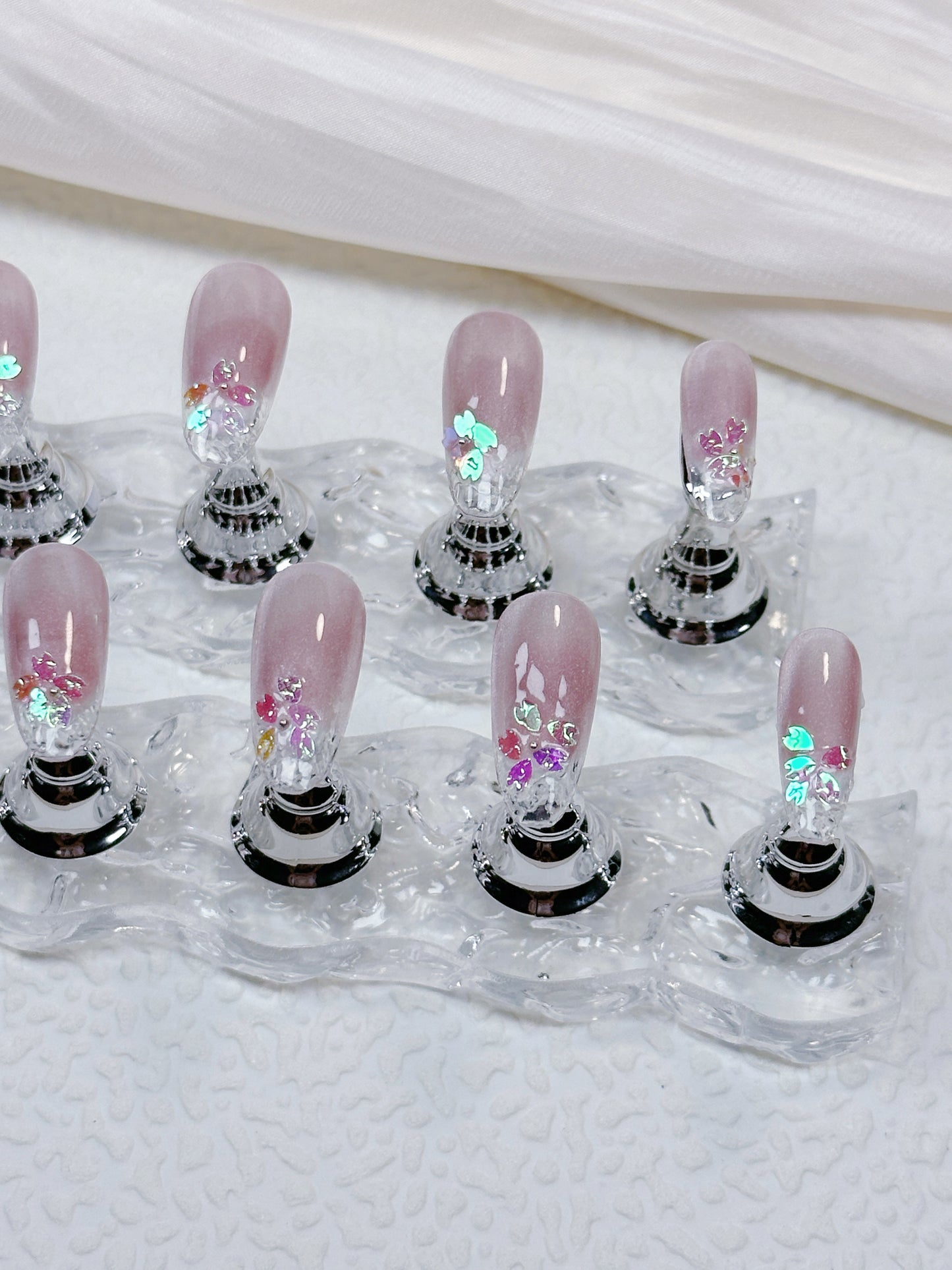 Soft Pink QL014 Press-On Nails 💅 Handmade Floral Sequin Design | Reusable Elegant Nail Set