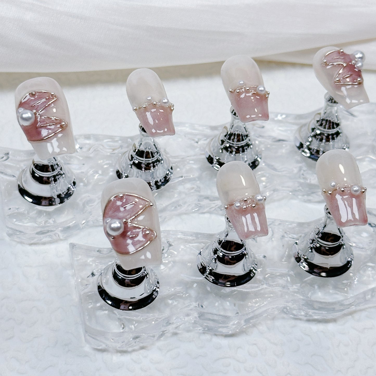 Elegant Nude Pink QL011 Press-On Nails 💅 Handmade Pearl & Bow Design | Reusable Short Square Nail Set