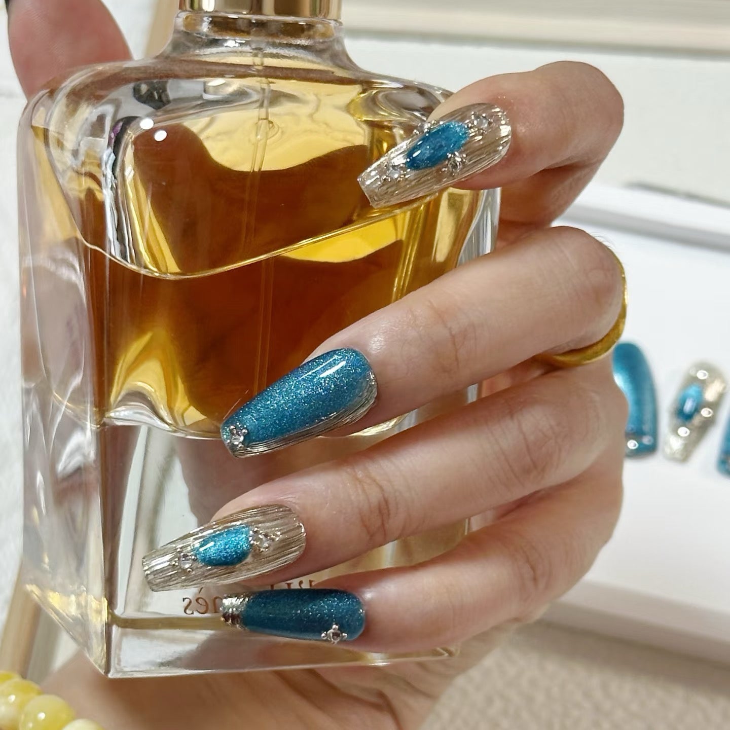 Ocean Teal Crystal QL007 Press On Nails 💎🌊 | Handmade Luxury Glitter Press-On Nails, Reusable