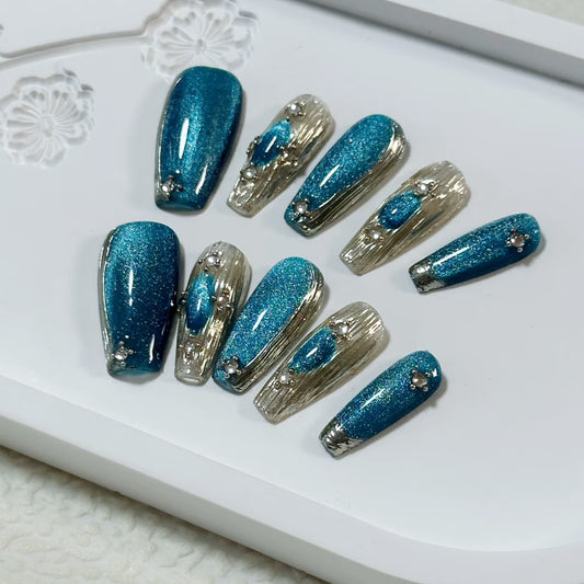 Ocean Teal Crystal QL007 Press On Nails 💎🌊 | Handmade Luxury Glitter Press-On Nails, Reusable