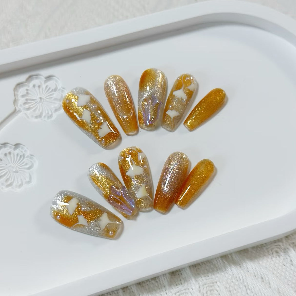 Golden Star Glitter QL008 Press On Nails ⭐✨ | Handmade Luxury Gold Ombre Reusable Press-On Nails