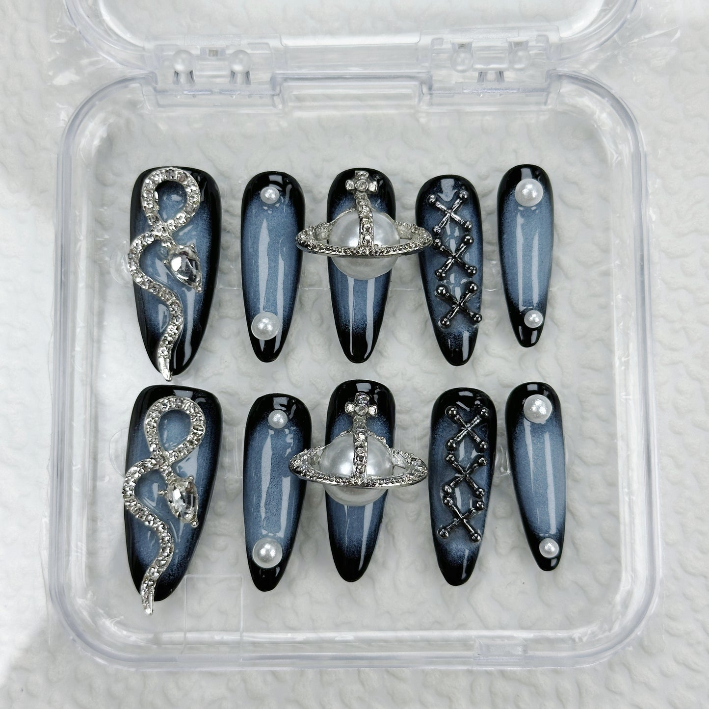 Midnight Galaxy| Handmade Press-On Nails | Style No. A004 | Black Chrome, Celestial Charms, Reusable