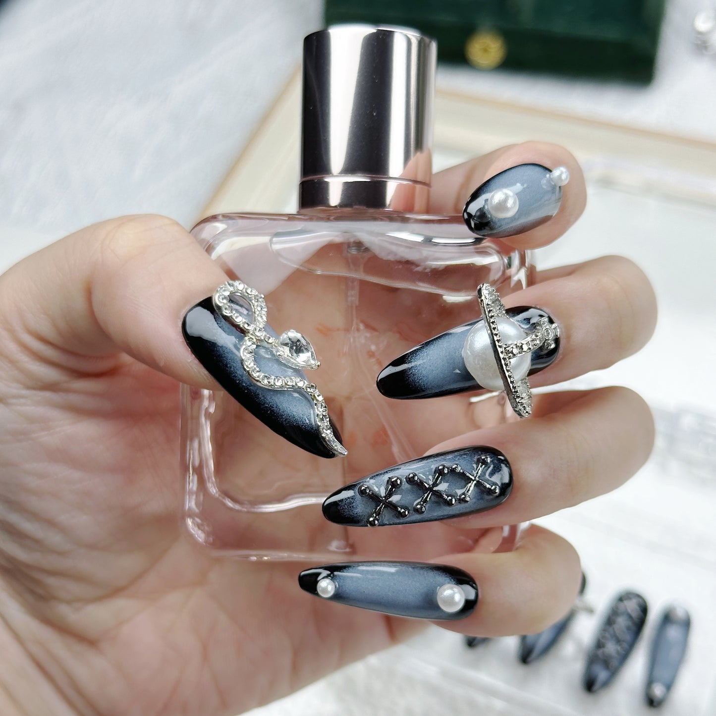 Midnight Galaxy| Handmade Press-On Nails | Style No. A004 | Black Chrome, Celestial Charms, Reusable