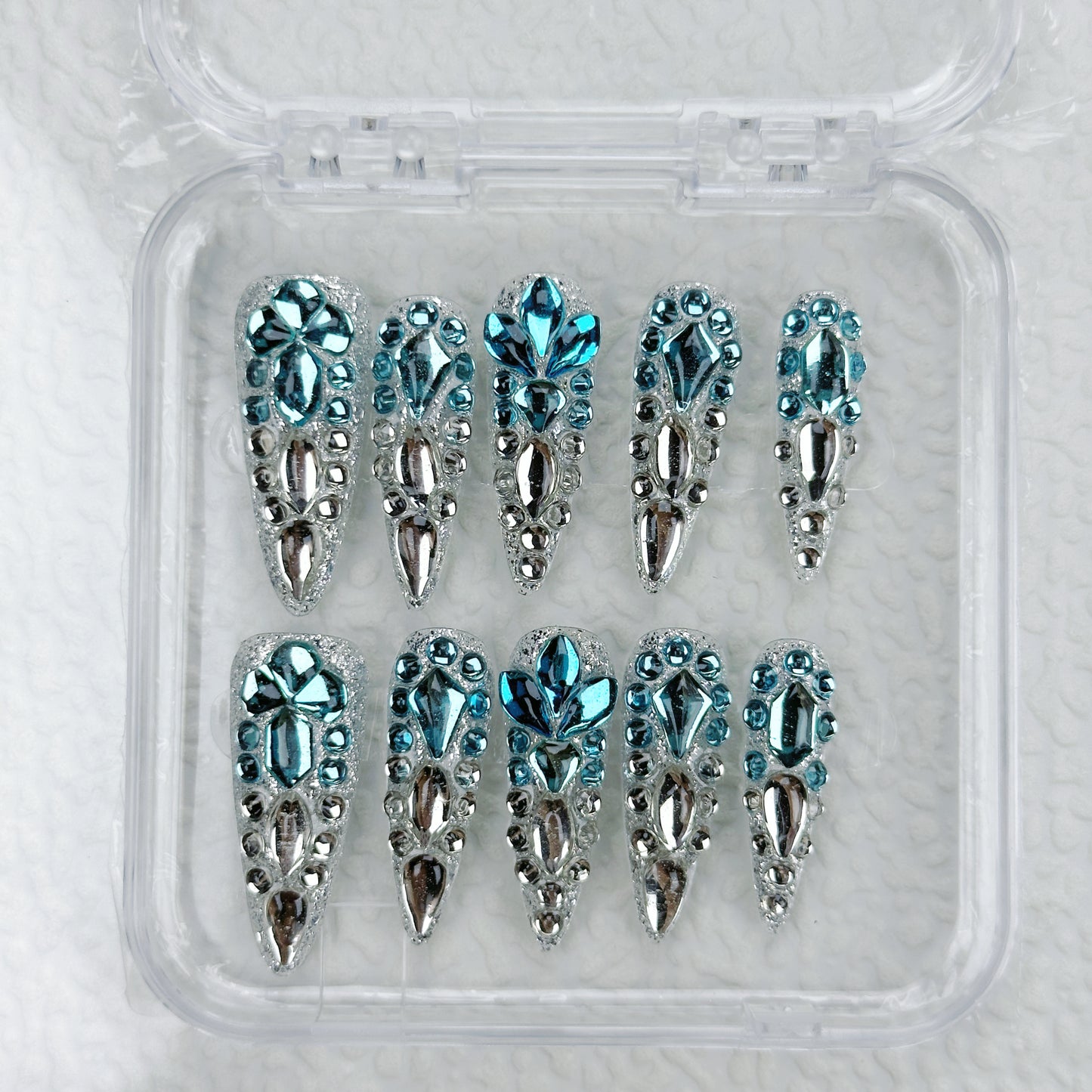 Crystal Ice Queen | Handmade Press-On Nails | Style No. A005 | Icy Blue Rhinestones, Silver Chrome Accents