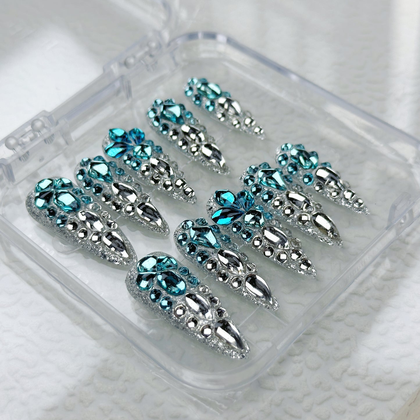 Crystal Ice Queen | Handmade Press-On Nails | Style No. A005 | Icy Blue Rhinestones, Silver Chrome Accents