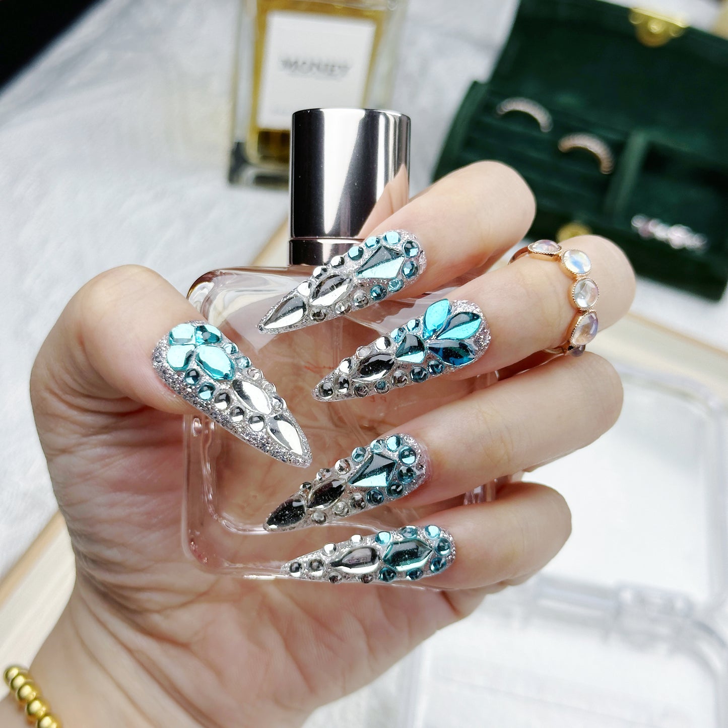 Crystal Ice Queen | Handmade Press-On Nails | Style No. A005 | Icy Blue Rhinestones, Silver Chrome Accents