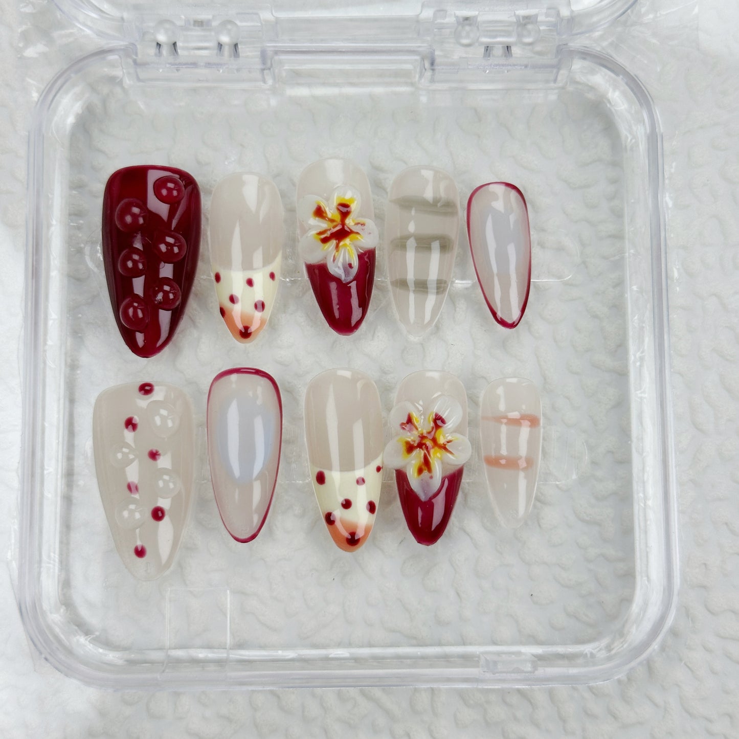 Cherry Bloom | Handmade Press-On Nails | Style No. A008| Elegant Red Floral Design, Reusable, Long-Lasting Nail Set