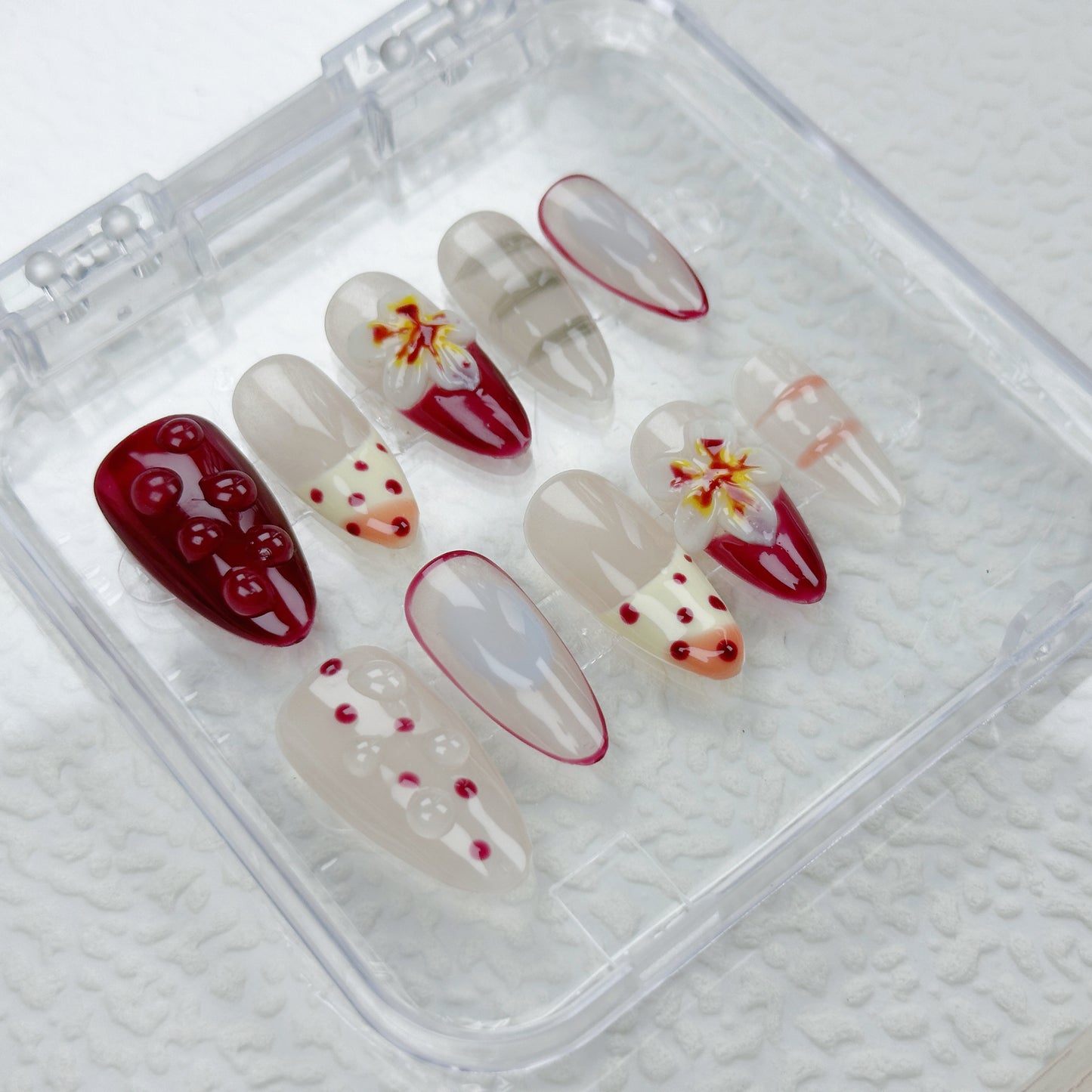 Cherry Bloom | Handmade Press-On Nails | Style No. A008| Elegant Red Floral Design, Reusable, Long-Lasting Nail Set