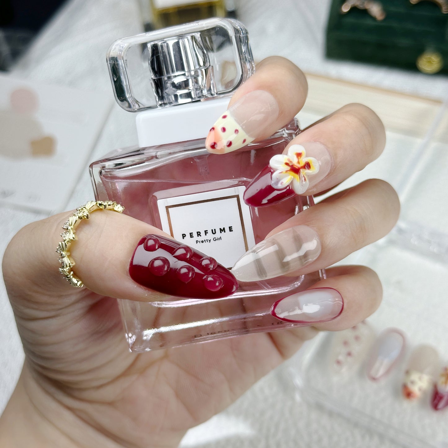 Cherry Bloom | Handmade Press-On Nails | Style No. A008| Elegant Red Floral Design, Reusable, Long-Lasting Nail Set
