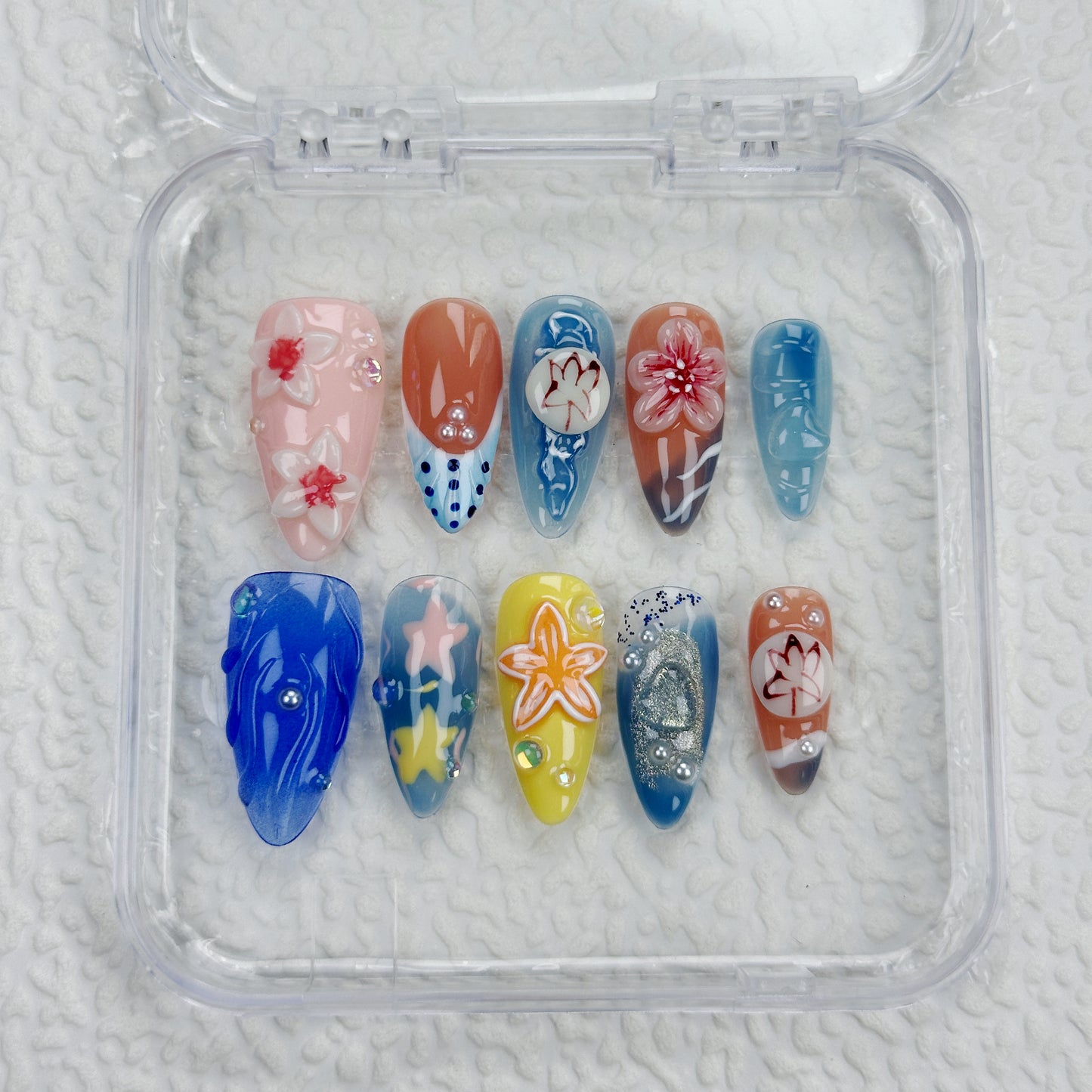 Island Carnival | Handmade Press-On Nails | Style No. A009 | Colorful Floral Design, Beach Vibes, Reusable Nail Set