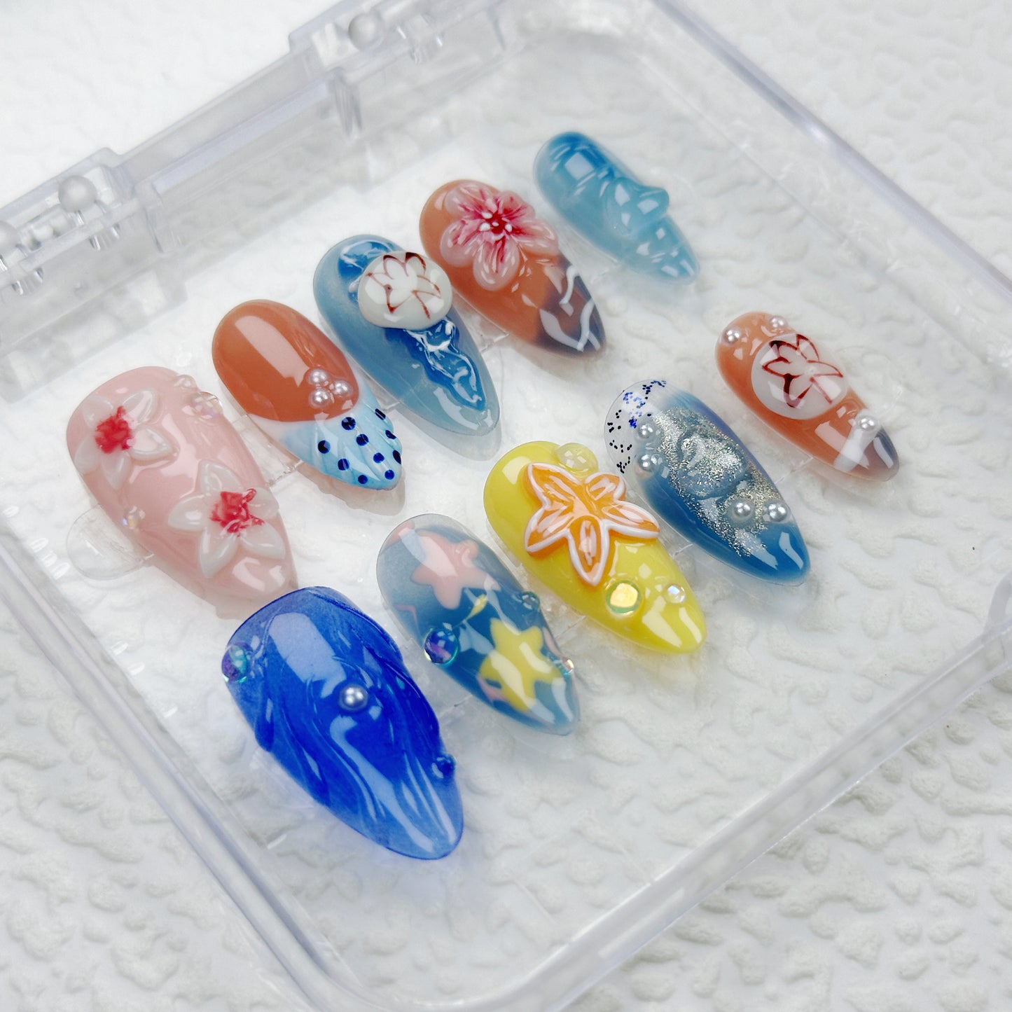 Island Carnival | Handmade Press-On Nails | Style No. A009 | Colorful Floral Design, Beach Vibes, Reusable Nail Set