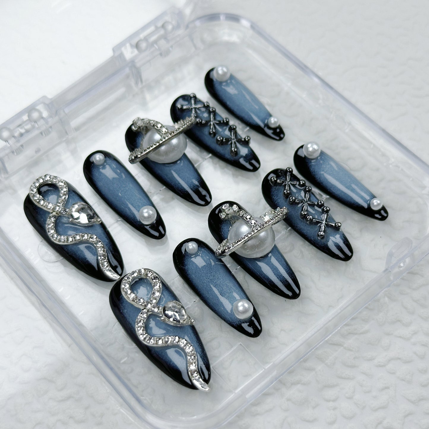 Midnight Galaxy| Handmade Press-On Nails | Style No. A004 | Black Chrome, Celestial Charms, Reusable