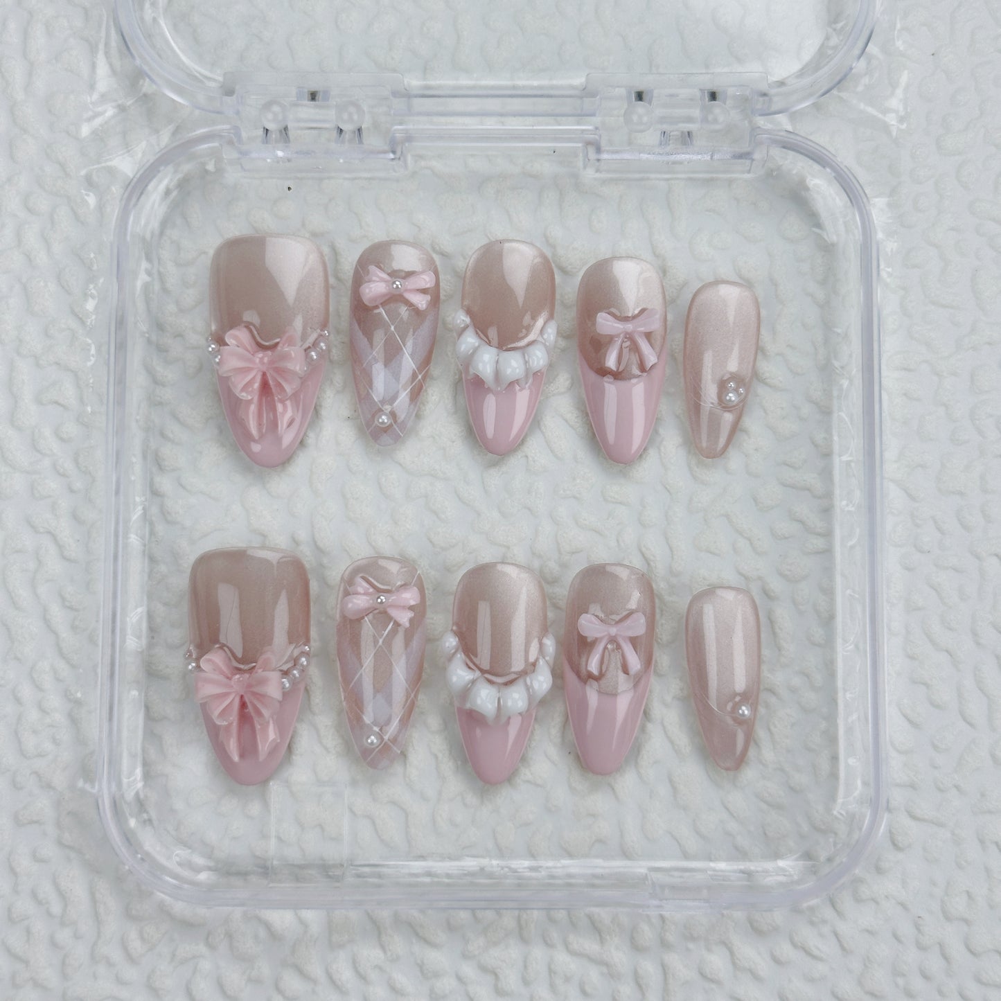 Blush Bow | Handmade Press-On Nails | Style No. A011 | Soft Pink, 3D Bow & Pearl Design, Reusable Nail Set